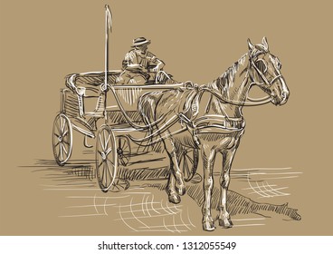 Vector hand drawing Illustration horse-drawn carriage with coachman. Monochrome vector hand drawing sketch illustration in black and white colors isolated on beige background.