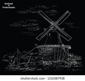 Vector hand drawing Illustration of Landmark watermill in Amsterdam (Netherlands, Holland). Watermill and goats on the meadow. Vector engraving illustration in white color isolated on black background