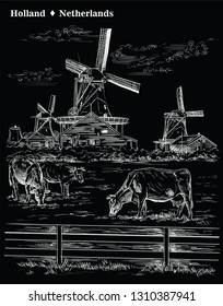 Vector hand drawing Illustration of Landmark watermill in Amsterdam (Netherlands, Holland). Watermill and cows on the meadow. Vector engraving illustration in white color isolated on black background