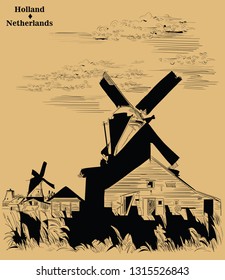 Vector hand drawing Illustration of Landmark watermill in Amsterdam (Netherlands, Holland). Watermill on the meadow. Vector engraving illustration in black color isolated on beige background.
