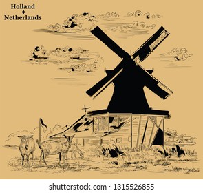 Vector hand drawing Illustration of Landmark watermill in Amsterdam (Netherlands, Holland).Watermill and goats on the meadow. Vector engraving illustration in black color isolated on beige background.