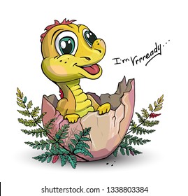 Vector hand drawing Illustration of a little yellow dinosaur in an egg and motivation inscription I'm ready. Cute print, positive Text slogan. Cartoon isolated  character on white background. 