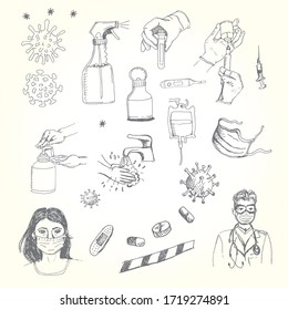 Vektorhandzeichnung Illustration von Mann und Mädchen, die Gesichtsmaske tragen, Medica 