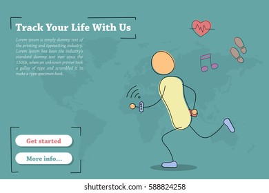 Vector hand drawing illustration of man running with a fitness tracker and its functions. Modern thin line art horizontal banner template with pastel colors on green background