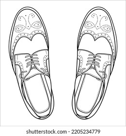 Vector hand drawing illustration with men brogue fashion shoes, top view. Doodle illustration