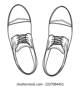 Vector hand drawing illustration with men fashion oxford shoes, top view. Ouline doodle illustration