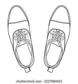 Vector hand drawing illustration with men fashion oxford shoes, top view. Ouline doodle illustration