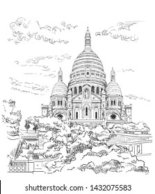 Dibujo a mano vectorial Ilustración de Montmartre (París, Francia). Punto de referencia de París. Paisaje urbano con basílica Sacre Coeur. Ilustración de dibujo manual vectorial en color negro aislado en fondo blanco.