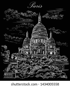 Vector hand drawing Illustration of Montmartre (Paris, France). Landmark of Paris. Cityscape with basilica Sacre Coeur. Vector hand drawing illustration in white color isolated on black background.