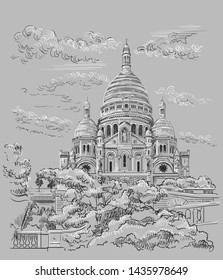 Vector hand drawing Illustration of Montmartre. Landmark of Paris, France. Cityscape with basilica Sacre Coeur. Vector hand drawing illustration in black and white colors isolated on grey background.