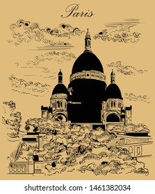 Vector hand drawing Illustration of Montmartre, landmark of Paris, France. Cityscape with basilica Sacre Coeur. Vector hand drawing illustration in black color isolated on beige background.