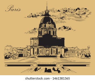 Vector hand drawing Illustration of National Residence of the Invalids, landmark of Paris, France. Vector illustration in black color isolated on beige background.