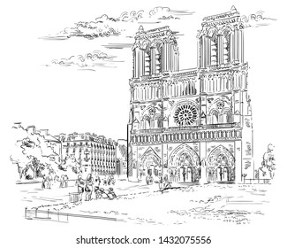 Vector hand drawing Illustration of Notre Dame Cathedral, landmark of Paris, France. Cityscape with Notre Dame Cathedral. Vector illustration in black color isolated on white background.