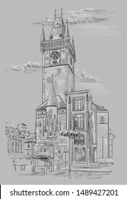 Vector hand drawing Illustration of Old Town Hall in Prague. Landmark of Prague, Czech Republic. Vector illustration in black and white colors isolated on grey background.
