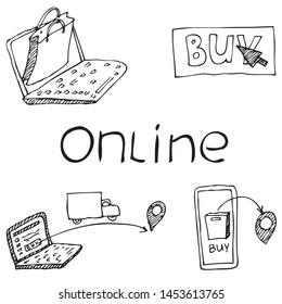 Vector hand drawing illustration on the white isolated background. Online shopping illustration concept.  Delivery of goods. Buy button with cursor. Order online purchases. Packages fly out of the lap