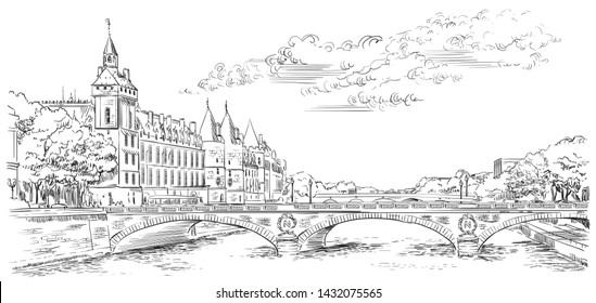 Vektorillustration handgezeichnet Illustration Panorama-Stadtlandschaft von Conciergerie, Wahrzeichen von Paris, Blick auf das Seine-Ufer. Vektorillustration in schwarzer Farbe einzeln auf weißem Hintergrund.