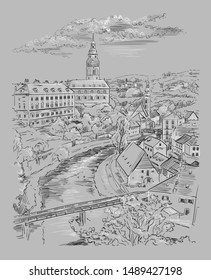 Vector hand drawing Illustration of panoramic cityscape of Cesky Krumlov.Aerial View on roofs,castle,river.Landmark of Czech Republic.Vector image in black and white colors isolated on grey background
