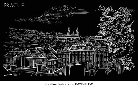 Vector hand drawing Illustration of panoramic cityscape of Prague. Strahov Monastery and roofs of Prague.
Landmark of Prague, Czech Republic. Vector image in white color isolated on black background.
