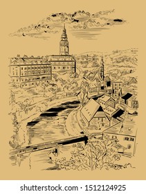 Vector hand drawing Illustration of panoramic cityscape of Cesky Krumlov. Aerial View on roofs, castle and river. Landmark of Czech Republic. Vector image in black color isolated on beige background.
