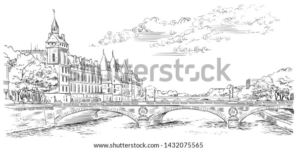 Vector hand drawing Illustration panoramic\
cityscape of  Conciergerie, landmark of Paris, view on Seine river\
embankment. Vector illustration in black color isolated on white\
background.