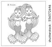 vector hand drawing illustration of the Pisces zodiac sign. Coloring book page for adults, kids. May be used as a print for your T-shirt design.