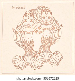 vector hand drawing illustration of the Pisces zodiac sign and texture of paper