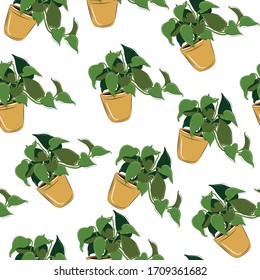 Vector hand drawing illustration. Plant in pot seamless pattern. Design for wrapping paper, fabric, cover, print.