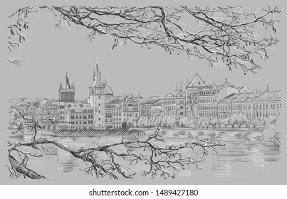 Vector hand drawing Illustration of Prague old city panorama, river Vltava. Landmark of Prague, Czech Republic. Vector illustration in black and white colors isolated on grey background.

