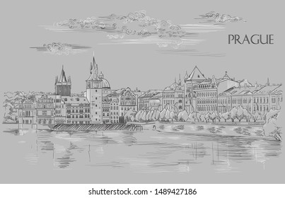 Vector hand drawing Illustration of Prague old city panorama, river Vltava. Landmark of Prague, Czech Republic. Vector illustration in black and white colors isolated on grey background.
