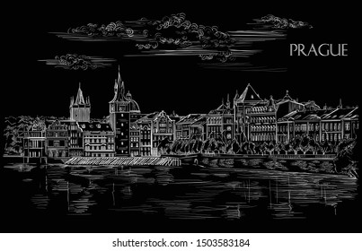 Vector hand drawing Illustration of Prague old city panorama, river Vltava. Landmark of Prague, Czech Republic. Vector illustration in white color isolated on black background.
