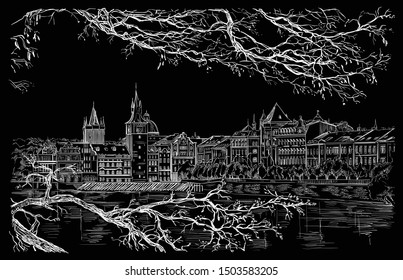 Vector hand drawing Illustration of Prague old city panorama, river Vltava. Landmark of Prague, Czech Republic. Vector illustration in white color isolated on black background.
