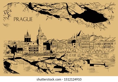 Vector hand drawing Illustration of Prague old city panorama, river Vltava. Landmark of Prague, Czech Republic. Vector illustration in black color isolated on beige background.
