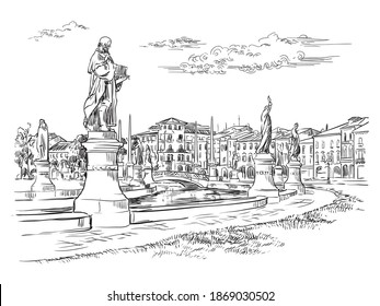 Vector Hand Drawing Illustration Of Prato Della Valle In Padua. Venice Cityscape Hand Drawn Sketch In Black Color Isolated On White Background. Travel Concept. For Print And Design.