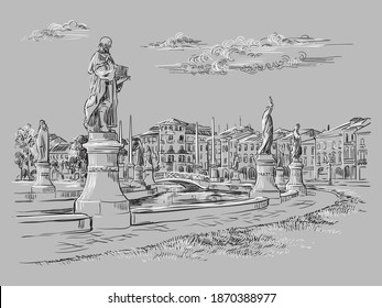 Vector hand drawing illustration of Prato della Valle in Padua. Venice cityscape hand drawn sketch in monochrome colors isolated on gray background. Travel concept. For print and design.