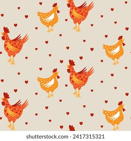 Vector hand drawing Illustration and seamless pattern with cute cartoon chicken