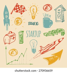 Vector hand drawing illustration set of different startup elements
