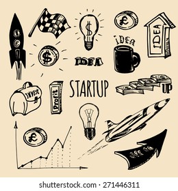 Vector hand drawing illustration set of different startup elements