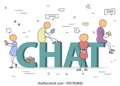 Vector hand drawing illustration of sign CHAT. Men and women with communication devices. Concept of chatting and addiction in social networks. Modern thin line art with pastel colors on white