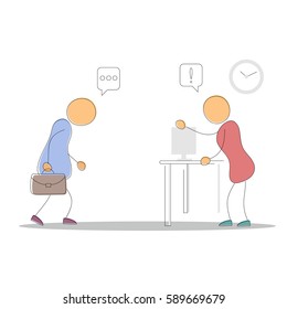 Vector hand drawing illustration of standing chief in office and depressed walking worker with case. Modern thin line art concept with pastel colors on white background