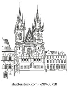 Vector hand drawing illustration  of Tyn Church in Old Town of Prague in Czech Republic 