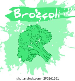 Vector hand drawing illustration of vegetable with label and artistic watercolor splash and brush marks. Broccoli