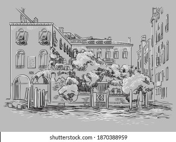 Vector hand drawing illustration of Venice. Venice cityscape hand drawn sketch in monochrome colors isolated on gray background. Travel concept. For print and design.