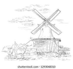 Vector hand drawing Illustration of watermill in Amsterdam (Netherlands, Hollan). Landmark of Holland. Watermill and goats grazing on the pasture. Vector hand drawing illustration in black color.