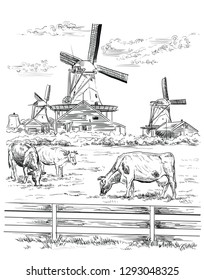 Vector hand drawing Illustration of watermill in Amsterdam (Netherlands). Landmark of Holland. Watermill and cows grazing on the meadow. Vector isolated hand drawing illustration in black color.