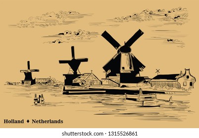 Vector hand drawing Illustration of watermill in Amsterdam (Netherlands, Holland). Landmark of Holland. Vector engraving illustration in black color isolated on beige background.
