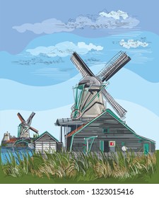 Vector hand drawing Illustration of watermill in Amsterdam (Netherlands, Holland). Landmark of Holland. Watermill on the meadow.Colorful vector engraving illustration.