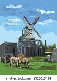 Vector hand drawing Illustration of watermill in Amsterdam (Netherlands, Holland). Landmark of Holland. Watermill and cows grazing on the meadow.Colorful vector engraving illustration.