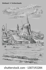 Vector hand drawing illustration of watermills in Holland, Netherlands. Watermills on the meadow. Vector sketch hand drawing illustration in black and white colors isolated on grey background.