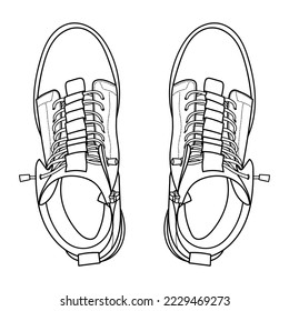 Vector hand drawing illustration with women fashion boots, top view. Ouline doodle illustration