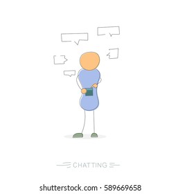 Vector hand drawing illustration of young man with mobile phone communicate in social networks. Chatting. Modern thin line art concept with pastel colors on white background